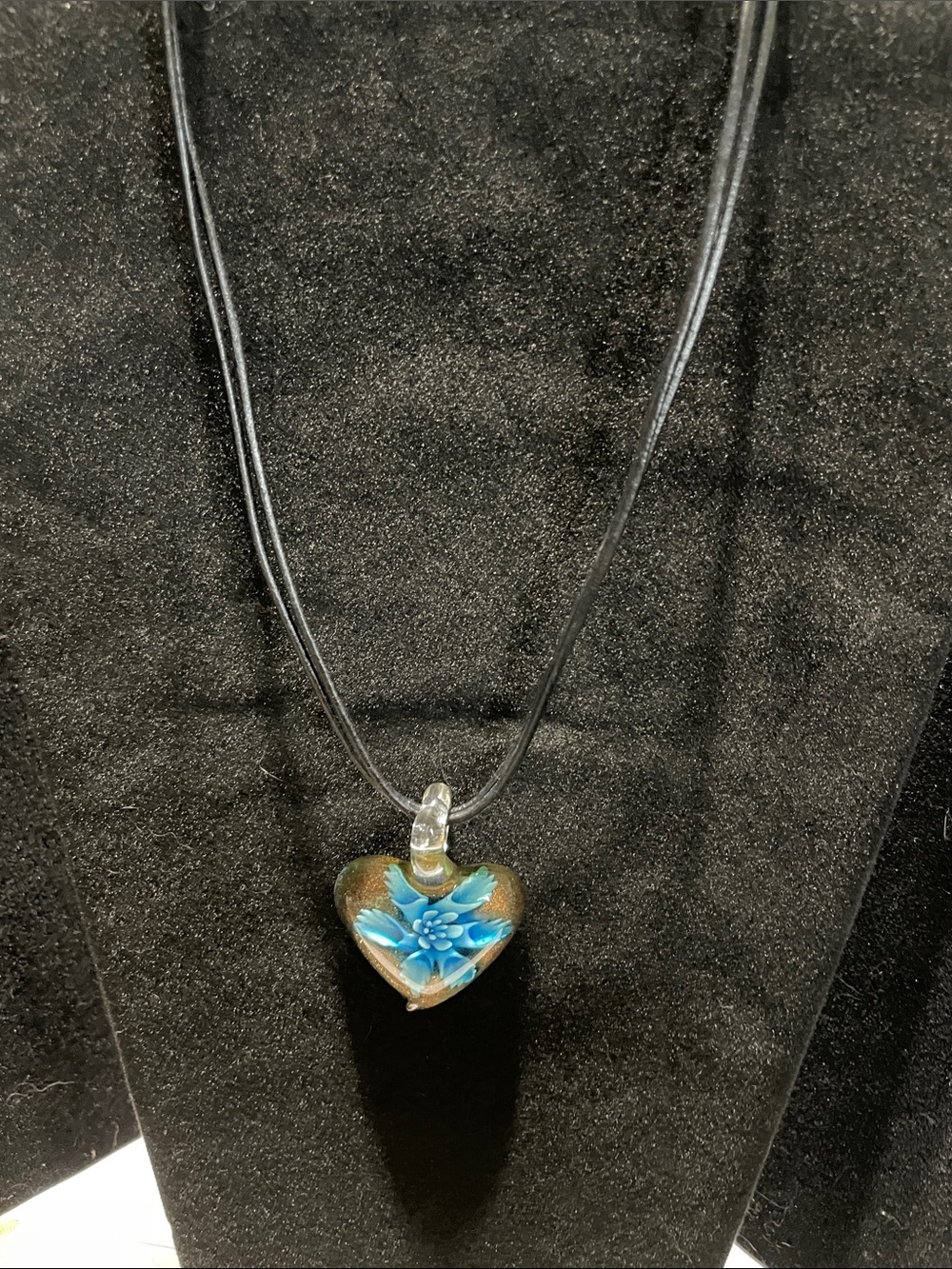 Handmade Blue Flower Heart Glass Pendant Necklace.  M’s